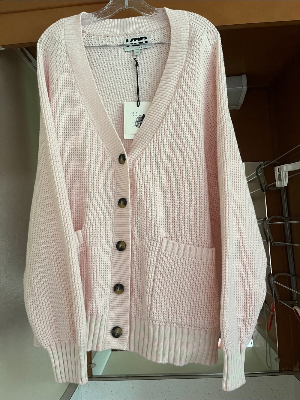 Light Pink Button-Front Knit Cardigan with Front Pockets